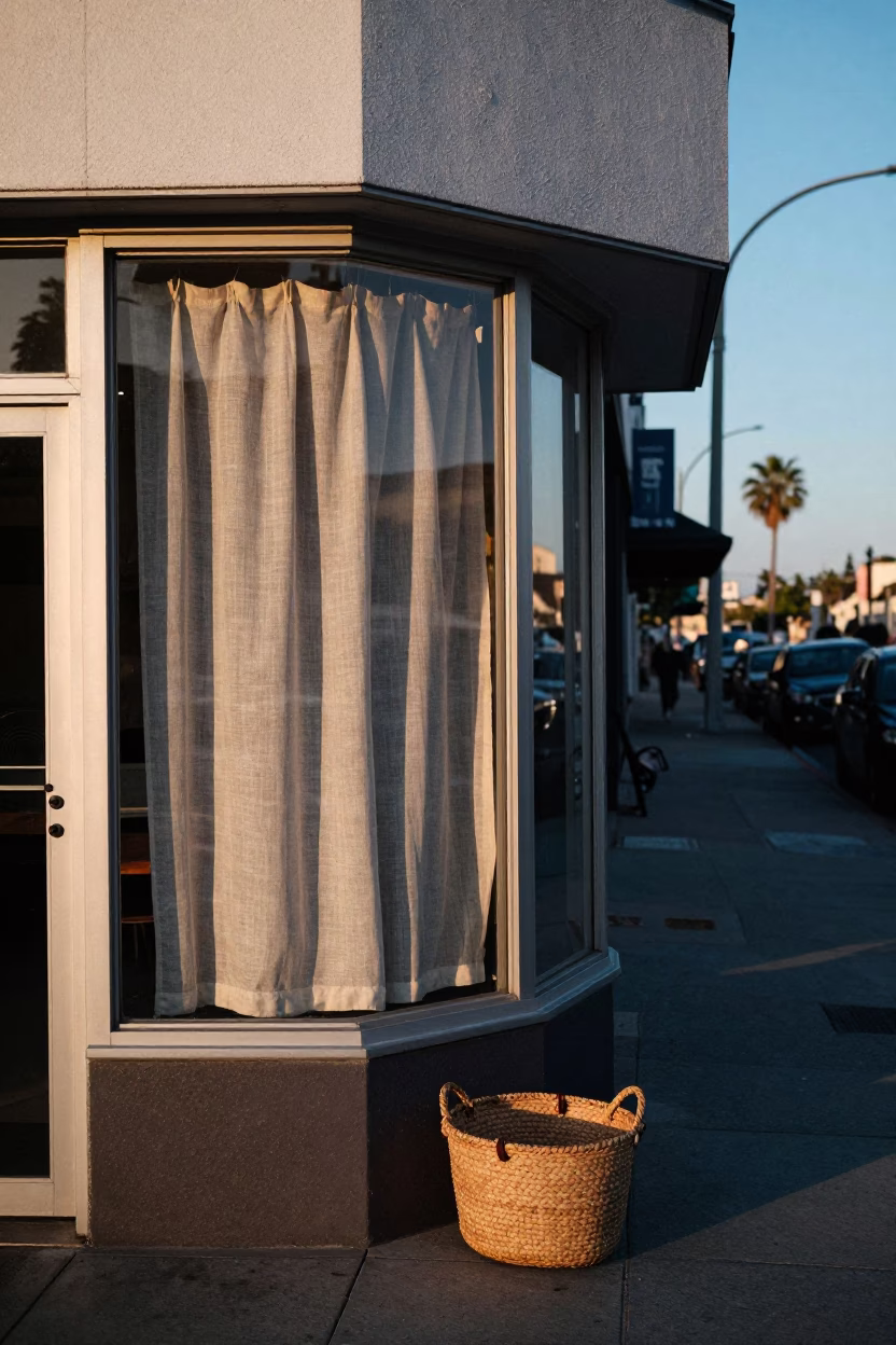 San Diego Blue Hour Street Scene with Woven Basket and Linen Curtains in in San Diego, California, United States