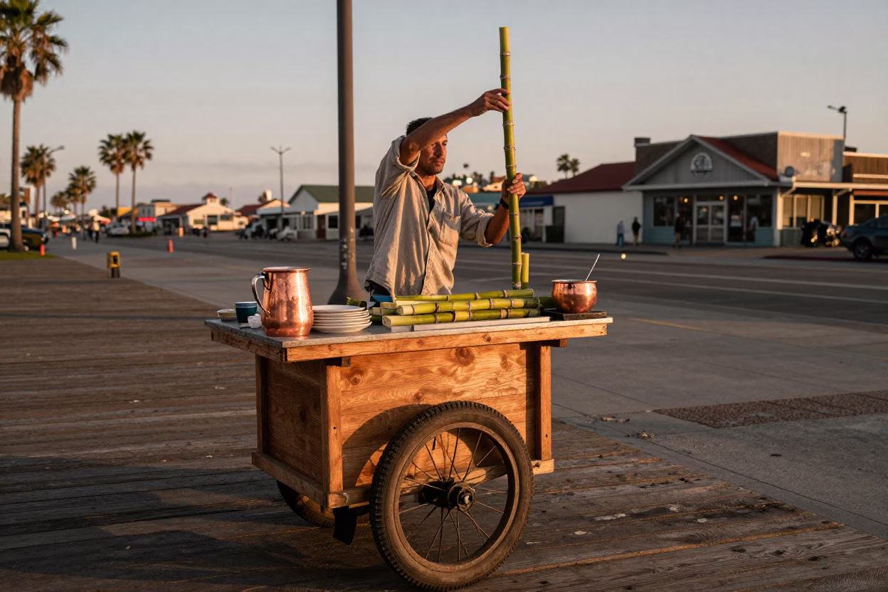 San Diego Boardwalk Vendor Serving Fresh Sugarcane Juice in Copper Dusk Light in in San Diego, California, United States