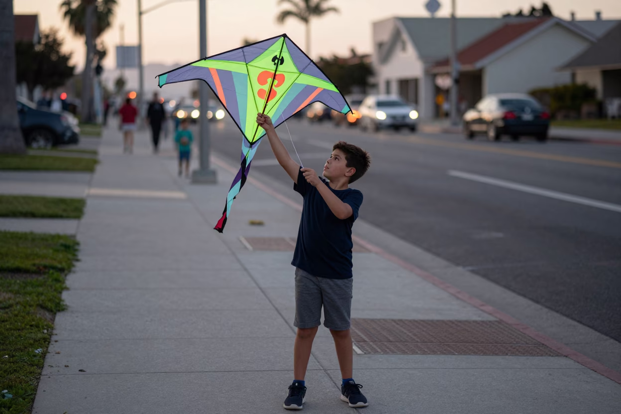 San Diego Boy Holding Homemade Kite Early Evening Street Scene in in San Diego, California, United States