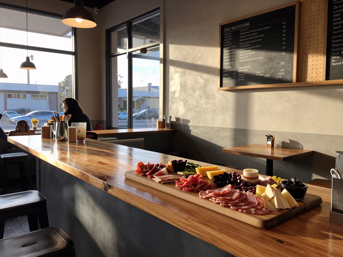 San Diego Breakfast Cafe Counter with Charcuterie Board and Pegboard Hooks in in San Diego, California, United States