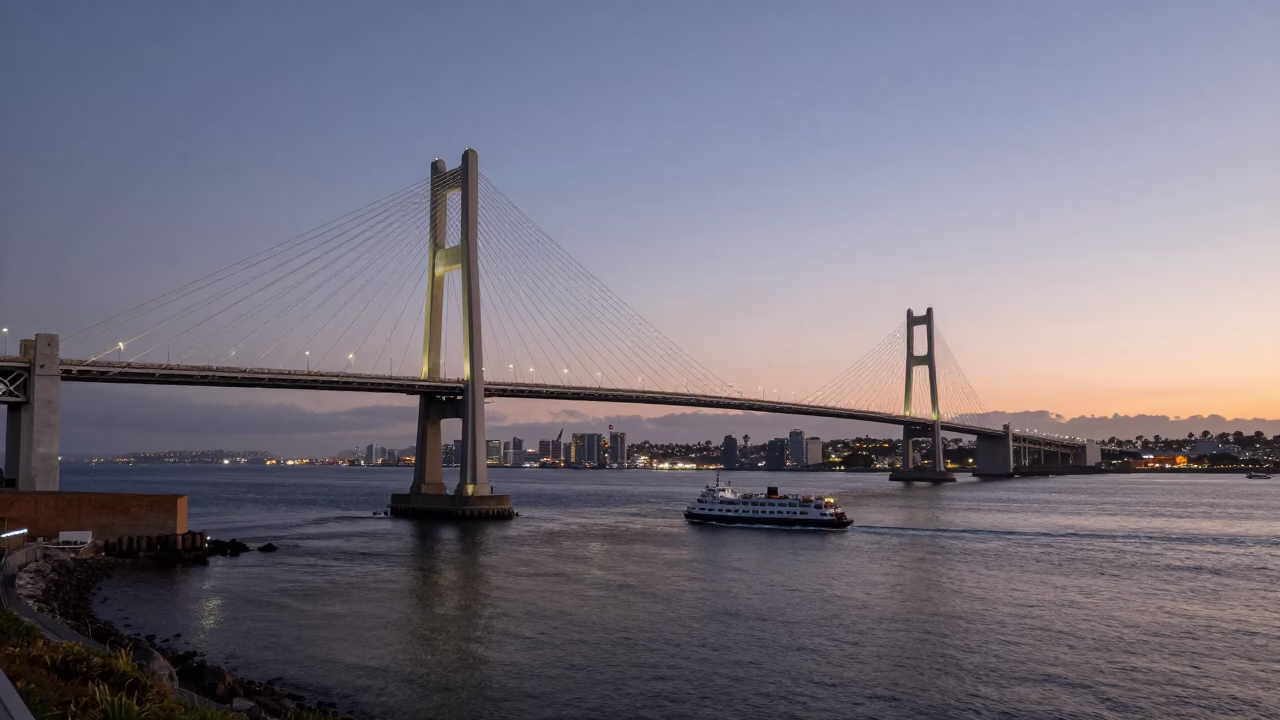 San Diego Cable-Stayed Bridge Illuminated at Dusk with Harbor Views in in San Diego, California, United States