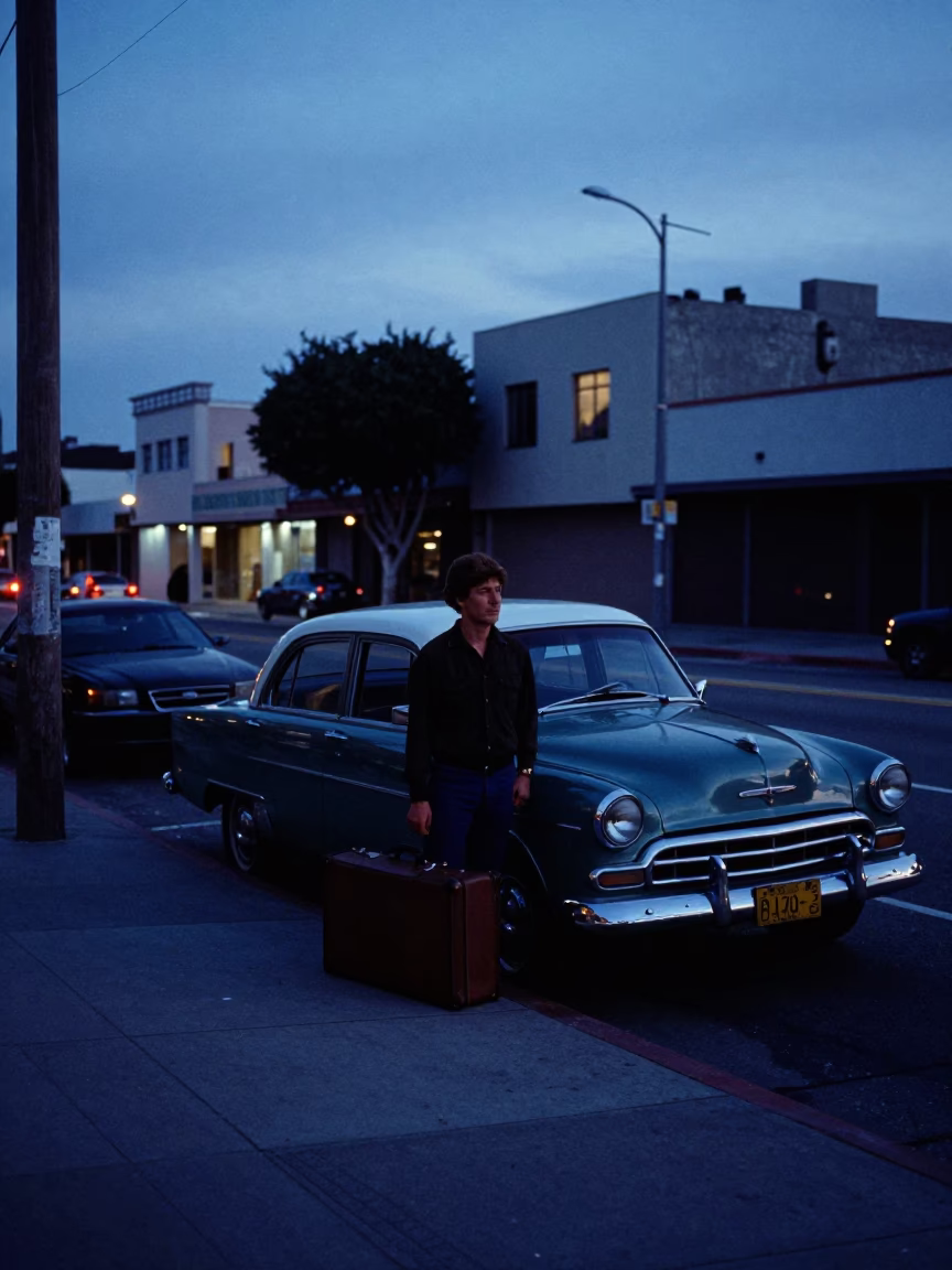 San Diego California Before Dawn Street Scene With Suitcases And Urban Architecture in in San Diego, California, United States