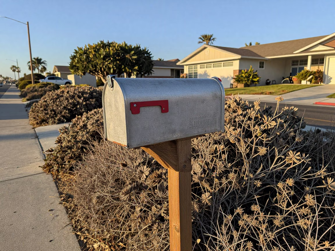 San Diego California Early Afternoon Mailbox Amidst Coastal Scrub Brush Street Scene in in San Diego, California, United States