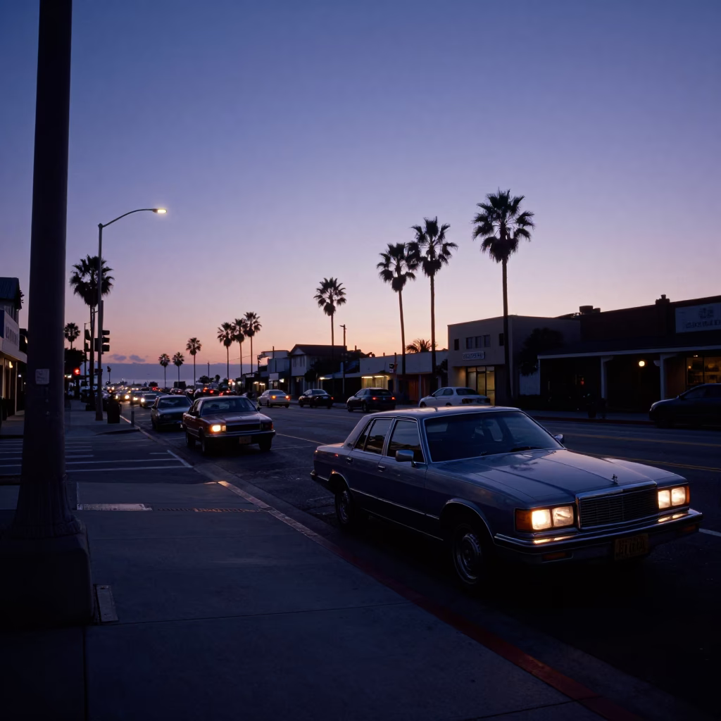 San Diego California Indigo Twilight Horizon Shot of Coastal Street Life in in San Diego, California, United States