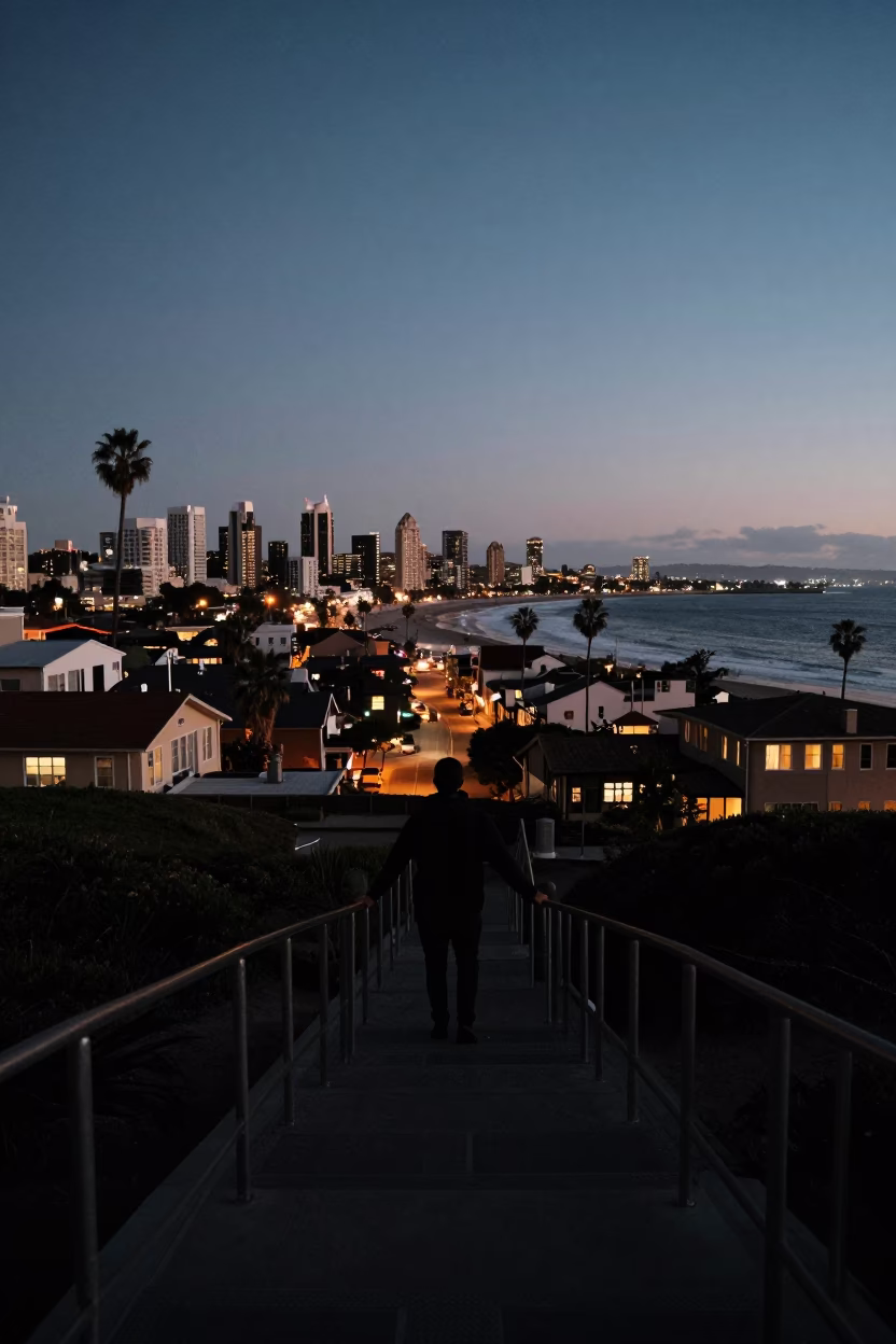 San Diego California predawn cityscape with historic stair rail and coastal horizon in in San Diego, California, United States