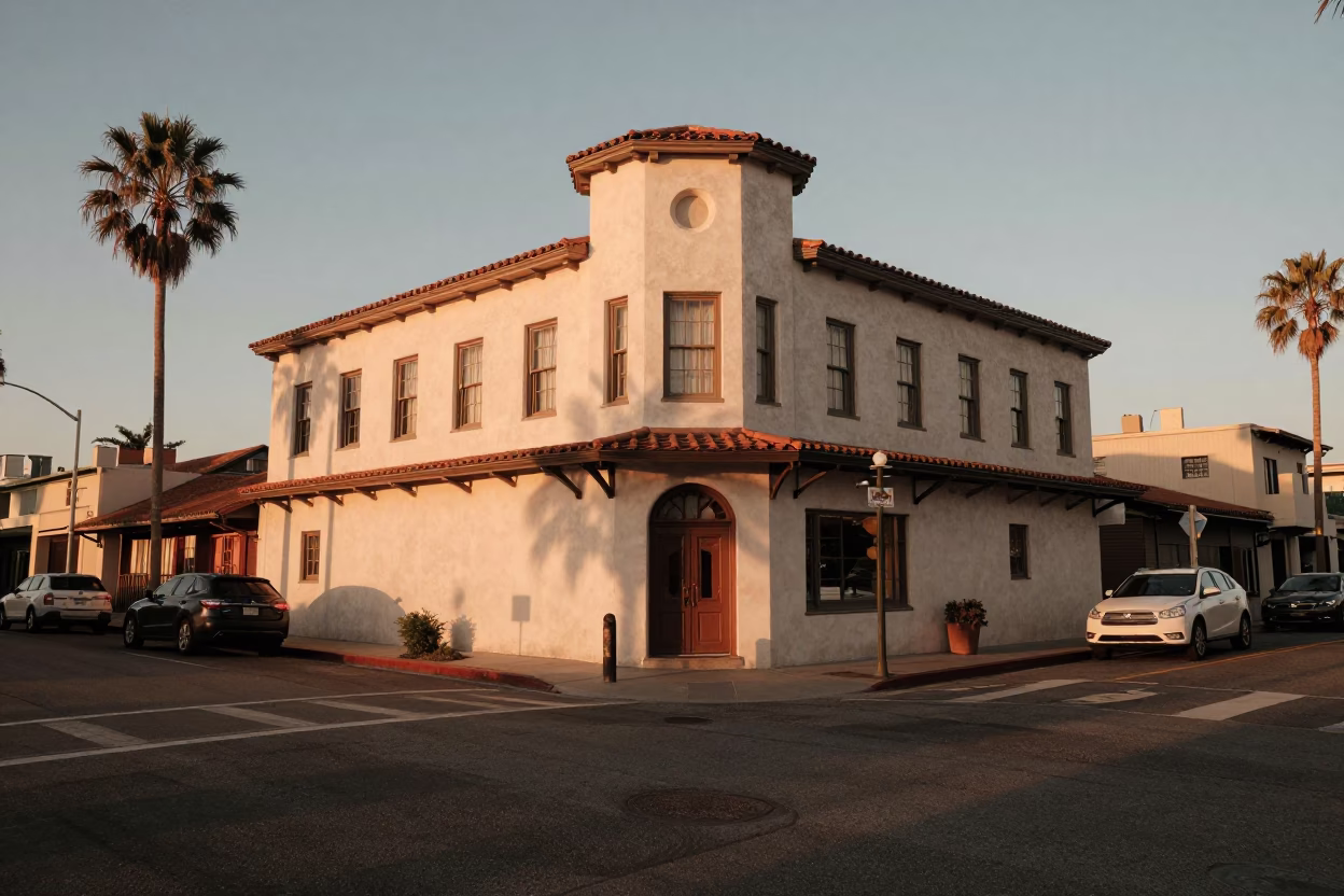 San Diego California Sunset Street Scene with Vintage Fashion and Local Architecture in in San Diego, California, United States