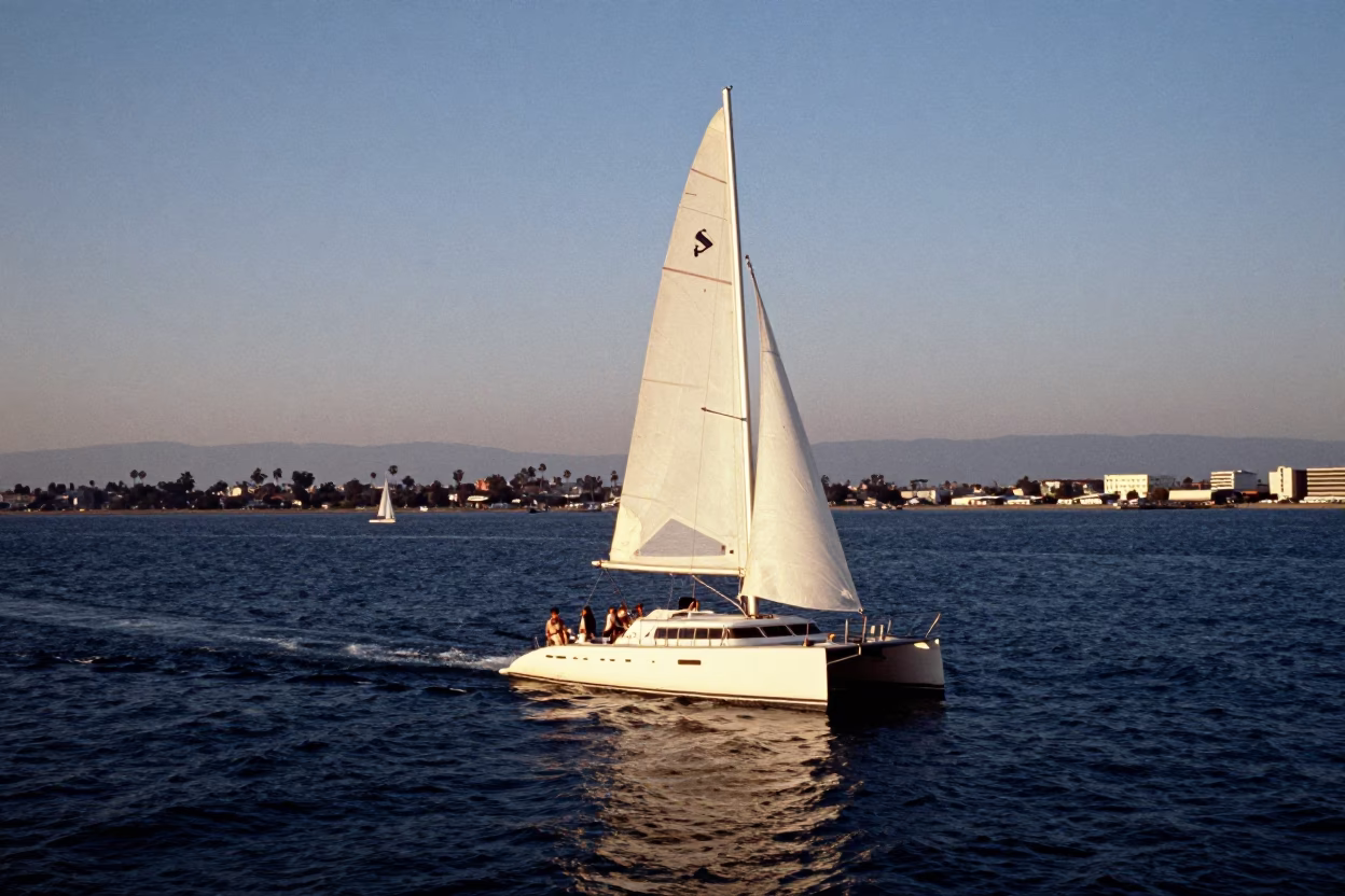 San Diego Catamaran Sailing at As The Sun Drops Toward The Horizon in in San Diego, California, United States