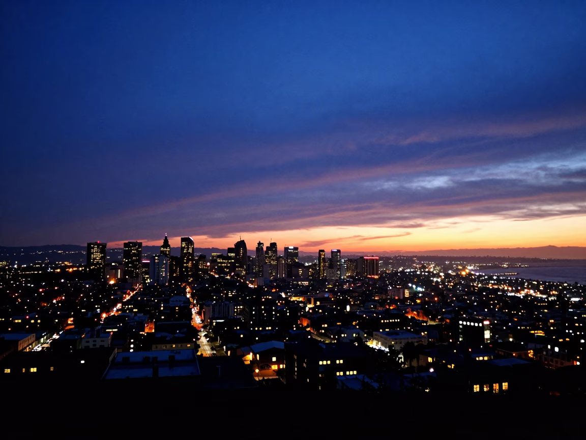 San Diego City Lights Glow at Dusk Over Pacific Beach Coastal Road in in San Diego, California, United States