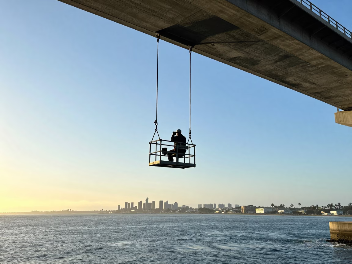 San Diego Coastal Bridge Maintenance Cage Swinging in Early Afternoon Wind in in San Diego, California, United States
