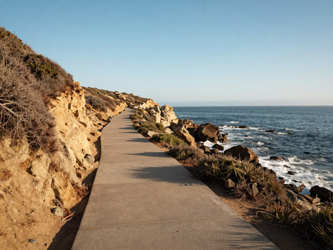 San Diego Coastal Cliffside Pathway with Ocean Views and Concrete Infrastructure in Late Afternoon in in San Diego, California, United States