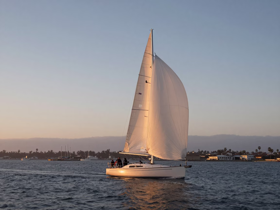 San Diego Coastal Dawn Light Capturing Sailboat with Spinnaker Deployed at Marina in in San Diego, California, United States