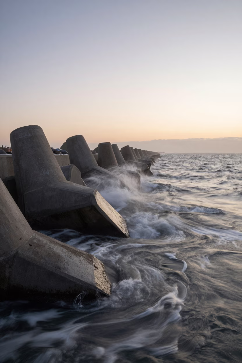 San Diego Coastal Dawn Storm Surge Barrier and Windswept Estuary at First Light in in San Diego, California, United States