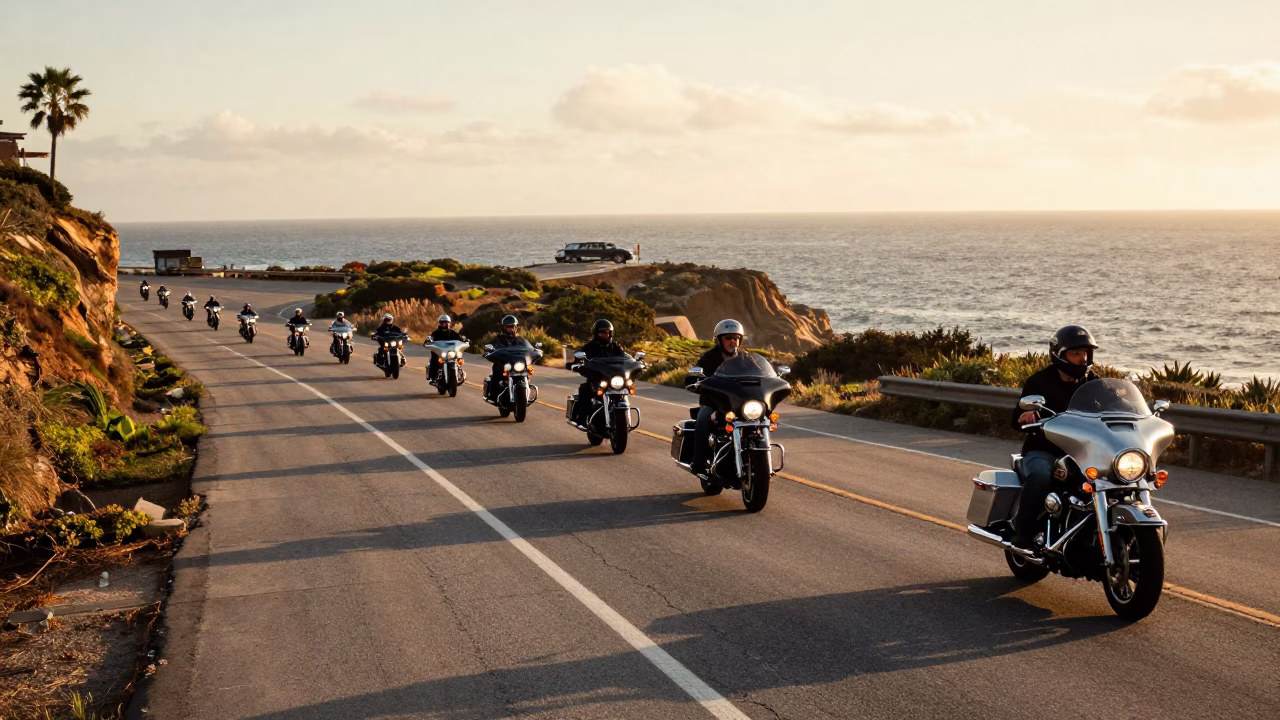 San Diego Coastal Highway Sunset Motorcycle Convoy and Coastal Roadway in in San Diego, California, United States