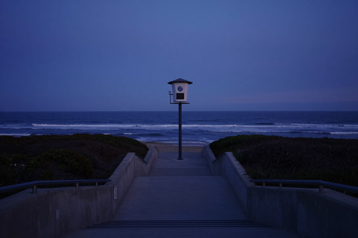 San Diego Coastal Stairwell at Dawn with Weather Station and Rusty Rail in in San Diego, California, United States