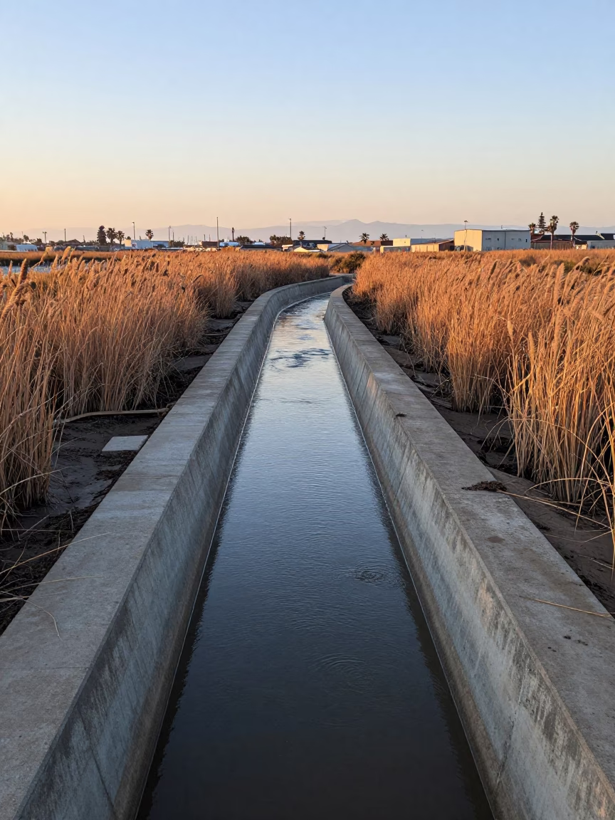 San Diego Concrete Cooling Canal Edged With Reeds At Nautical Dawn in in San Diego, California, United States