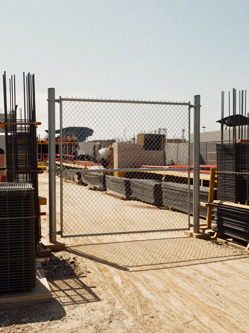 San Diego Construction Site Elevator Gate and Rebar Bundles Under Flat Noon Sun in in San Diego, California, United States