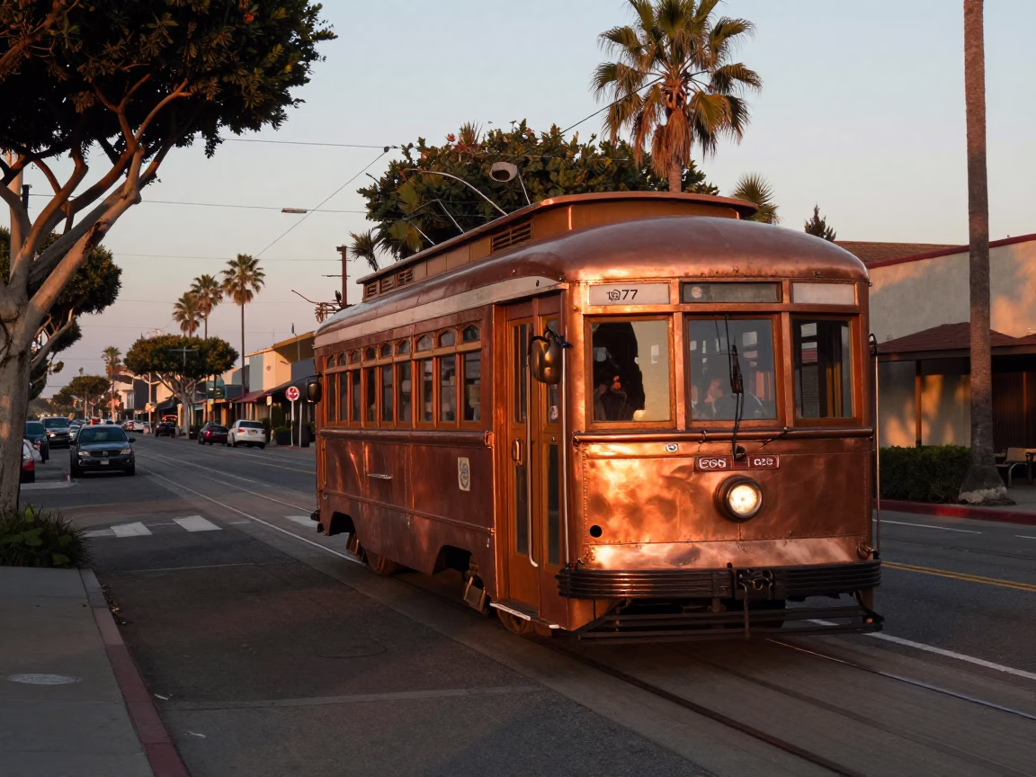 San Diego Copper Dusk Tramcar Tree Lined Boulevard Realistic 1970s Street Scene in in San Diego, California, United States