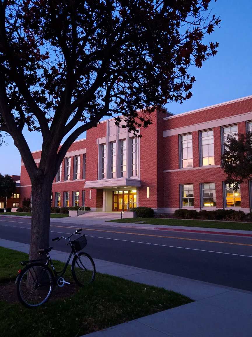 San Diego Dawn Campus Scene with Madrone Tree and Bicycle Rack in in San Diego, California, United States