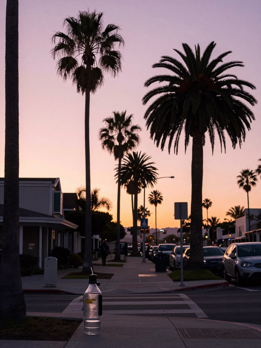 San Diego Dawn Street Scene with Watering Bottle and Glass Bucket Lip in in San Diego, California, United States
