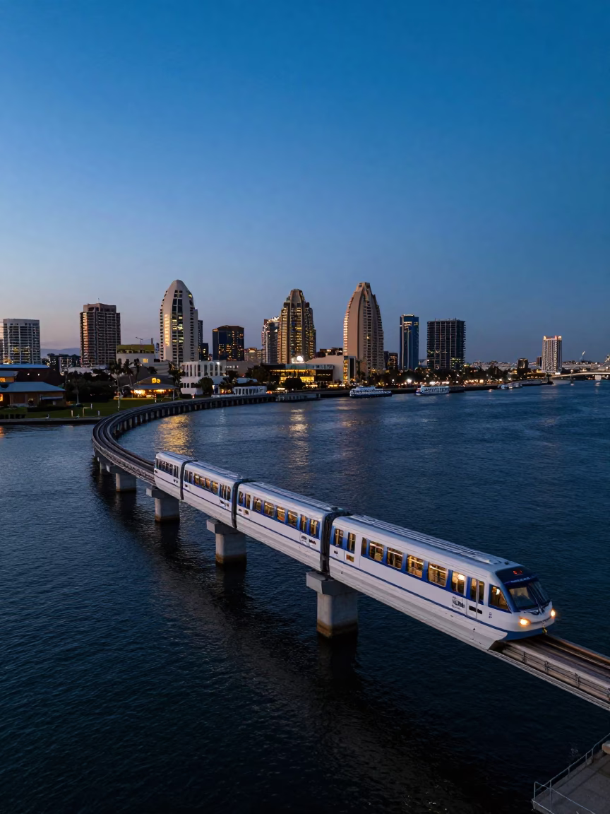 San Diego Early Evening Monorail Sweeping Above River at Blue Hour in in San Diego, California, United States