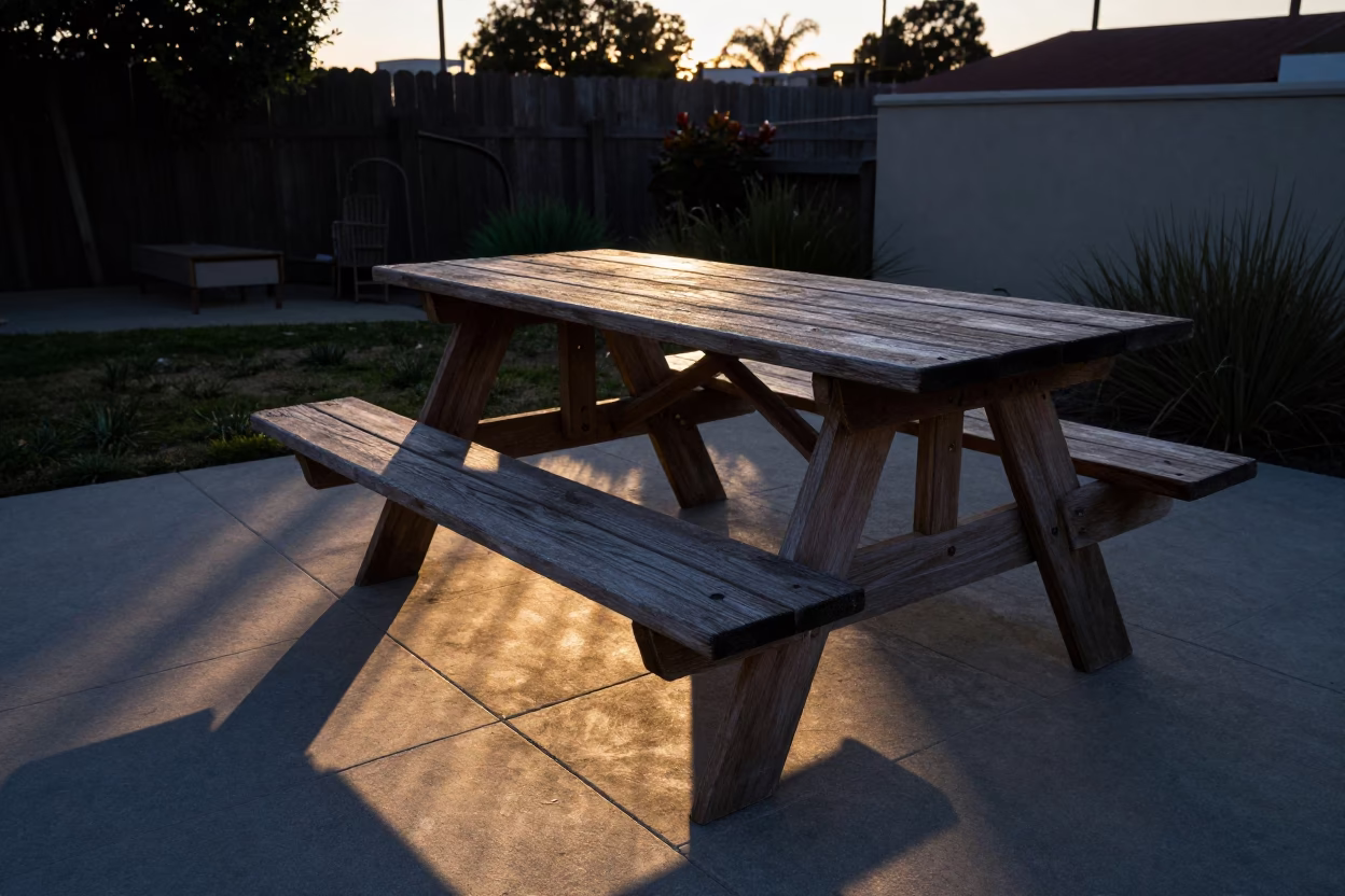 San Diego Early Evening Patio Scene with Sun Stripe and Scuffed Wood in in San Diego, California, United States