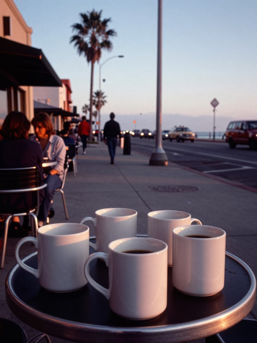 San Diego Early Evening Street Scene with Coffee Mugs and Urban Details in in San Diego, California, United States