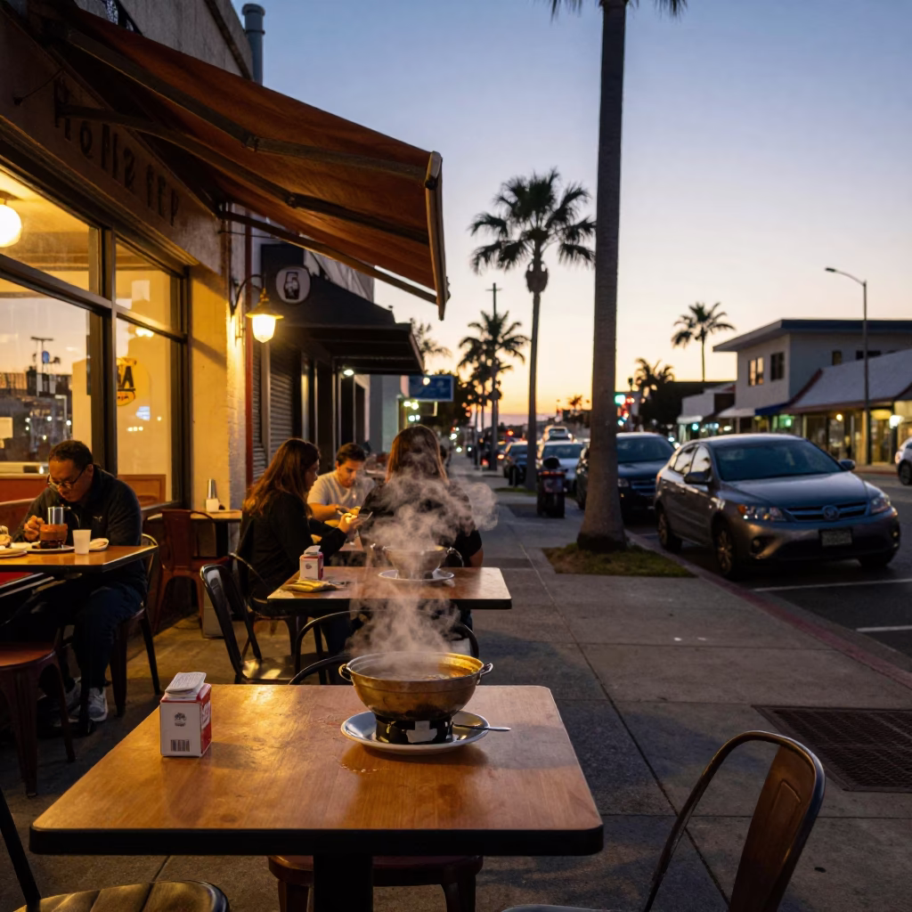 San Diego Early Evening Street Scene with Local Dining Elements in in San Diego, California, United States