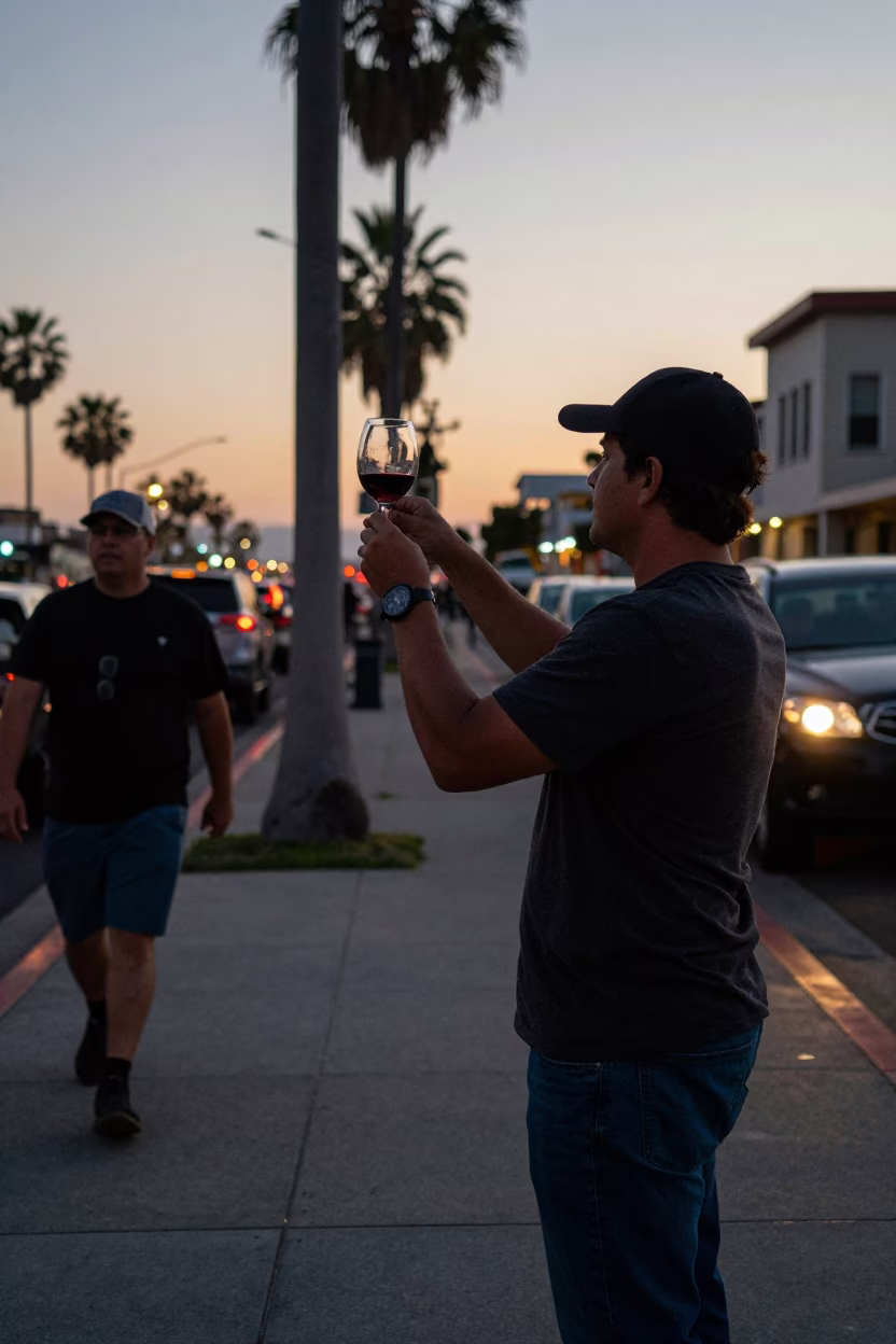 San Diego Early Evening Street Scene with Red Wine and Sunset Light in in San Diego, California, United States