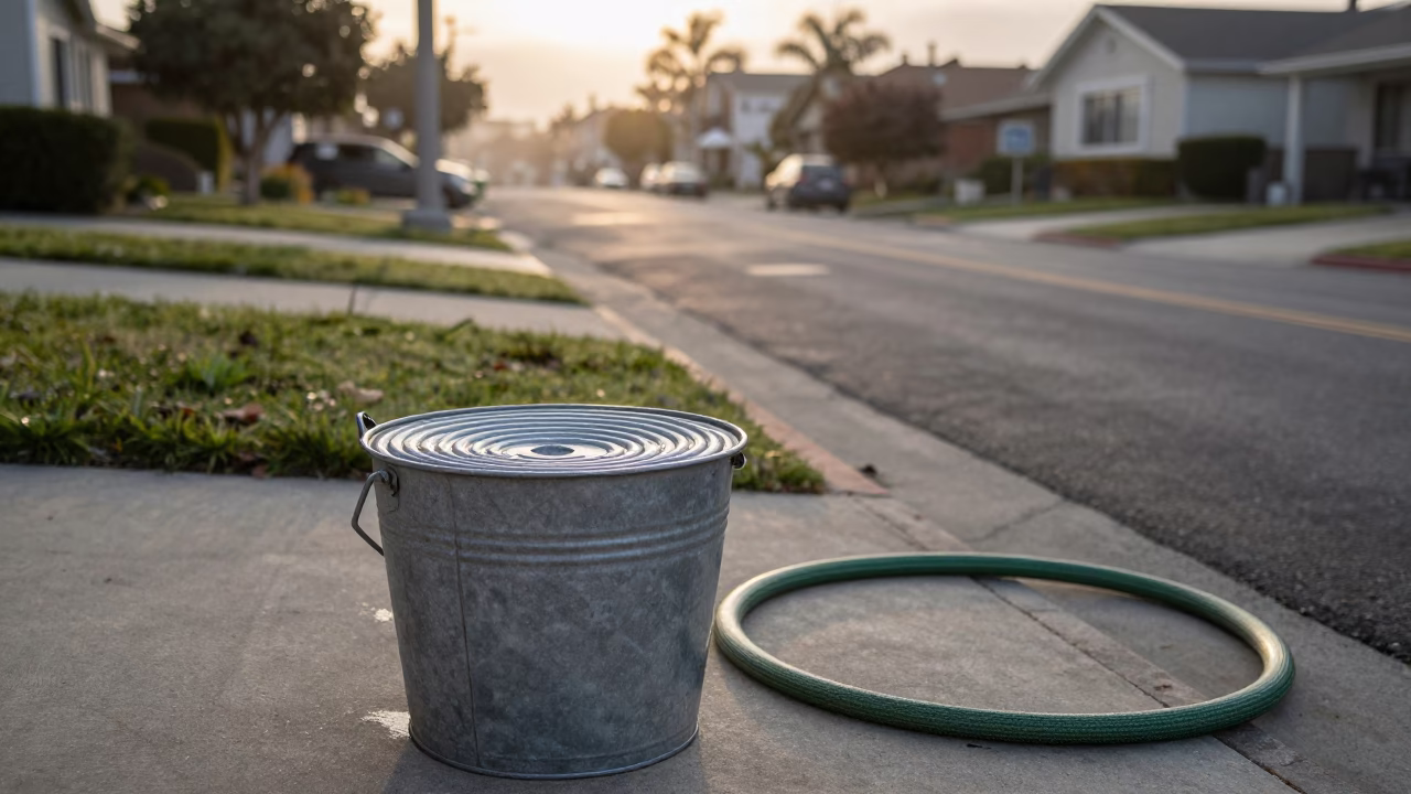 San Diego Early Morning Street Scene with Garden Hose and Water Rings in in San Diego, California, United States