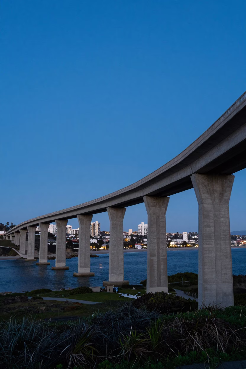 San Diego Evening Blue Hour Concrete Viaduct and Coastal Cityscape View in in San Diego, California, United States