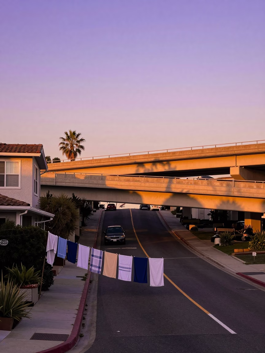 San Diego Evening Overpass Interchange Ramp Against Violet Sky with Drying Towels in in San Diego, California, United States