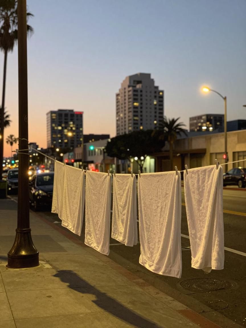 San Diego Evening Street Scene with Drying Towels and Urban Glow in in San Diego, California, United States