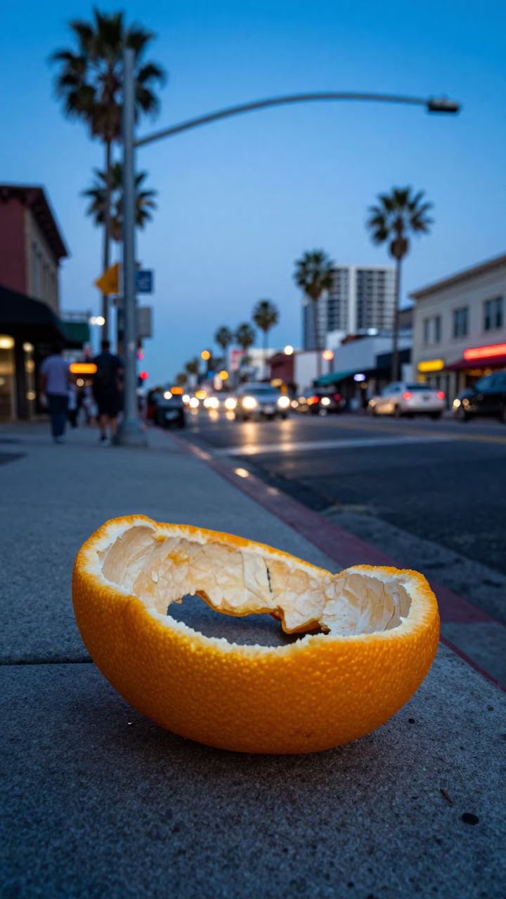 San Diego Evening Street Scene with Fresh Citrus Peel and Urban Details in in San Diego, California, United States
