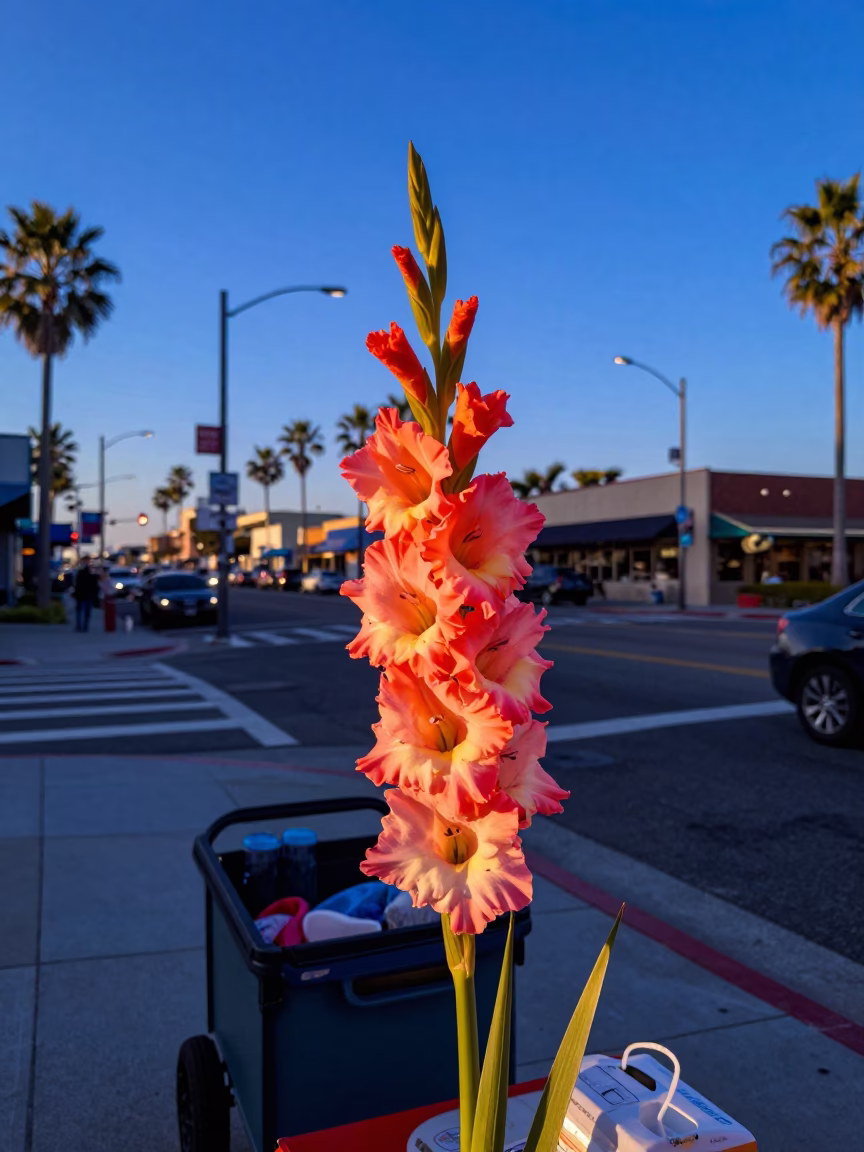 San Diego Evening Street Scene with Gladiolus Spike and Urban Details in California in in San Diego, California, United States
