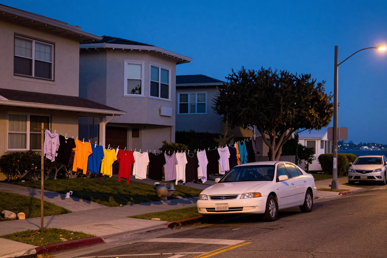 San Diego Evening Street Scene with Laundry and Coastal Elements in in San Diego, California, United States