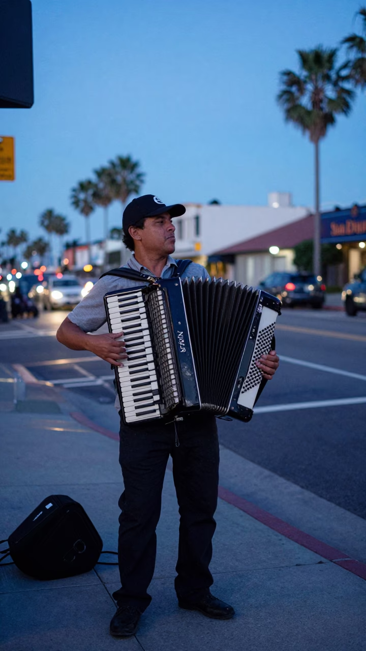 San Diego evening street scene with musician playing accordion under twilight sky in in San Diego, California, United States