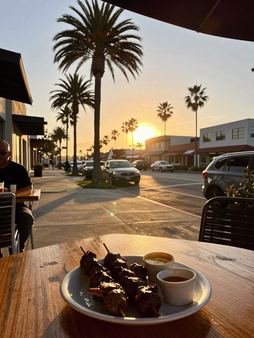 San Diego Evening Street Scene with Palm Trees and Casual Dining in in San Diego, California, United States