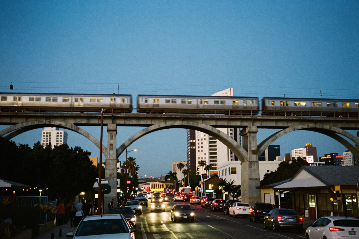 San Diego Evening Twilight Scene with Railway Viaduct and City Lights in in San Diego, California, United States