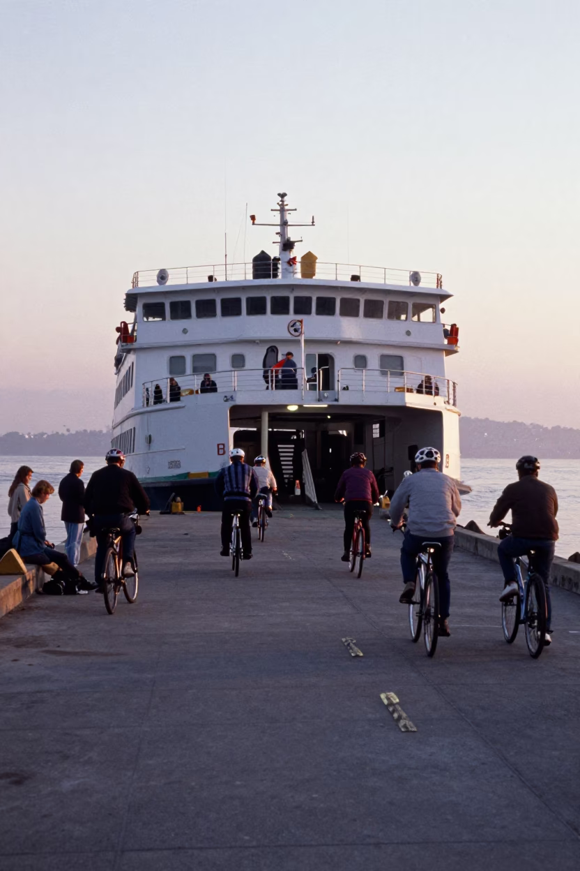 San Diego Ferry Docking at Dawn with Cyclists and Passengers Loading in in San Diego, California, United States
