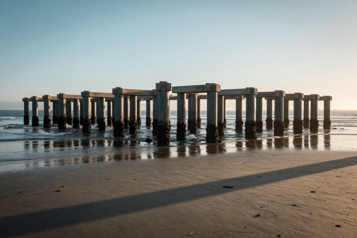 San Diego Ferry Ramp Piling System at Low Tide During First Light Dawn in in San Diego, California, United States