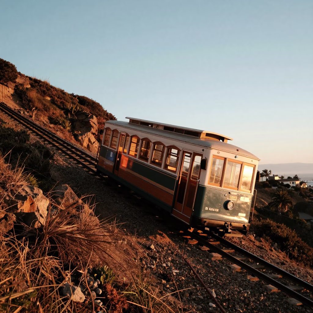 San Diego Funicular Climbing Steep Hill During Golden Hour Sunset in in San Diego, California, United States
