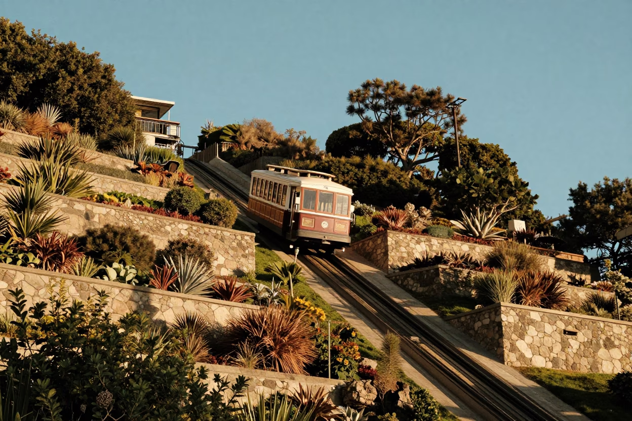San Diego Funicular Rising Through Terraced Gardens in Late Afternoon Light in in San Diego, California, United States