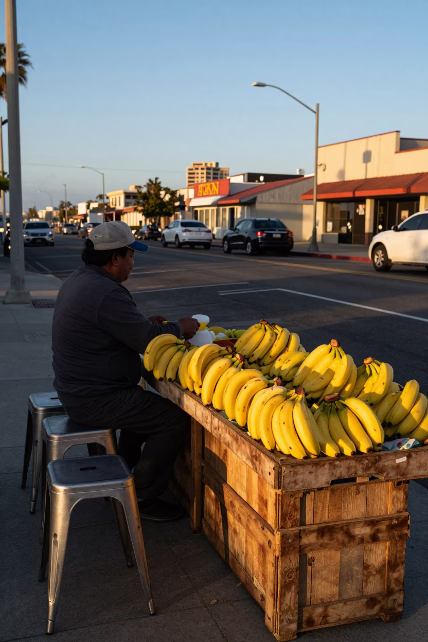 San Diego Golden Hour Street Scene with Banana Vendor and Metal Stools in in San Diego, California, United States