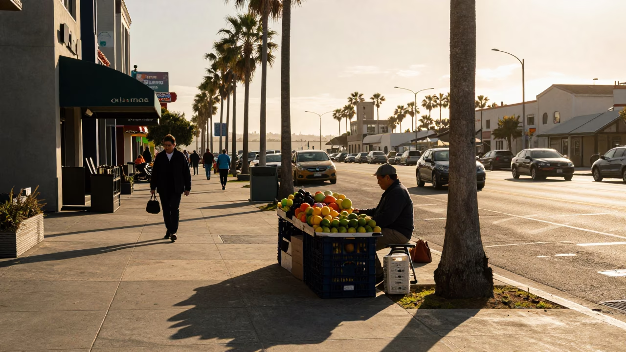 San Diego Golden Hour Street Scene with Fruit Crate and Urban Details in in San Diego, California, United States