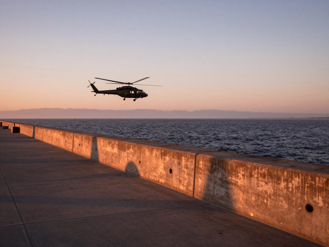 San Diego Harbor Breakwater at Dusk with Helicopter Approaching Offshore Platform in in San Diego, California, United States