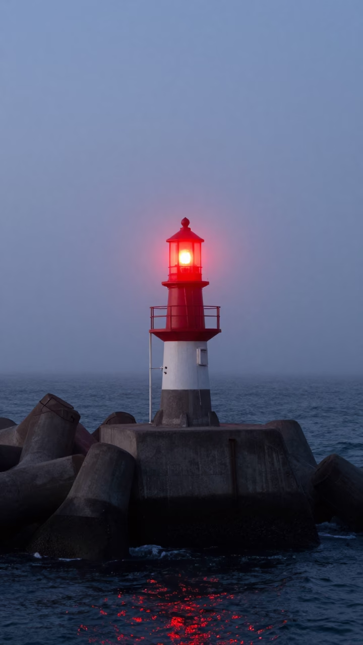 San Diego Harbor Breakwater Beacon Blinking Through Sea Mist Before Sunrise in in San Diego, California, United States
