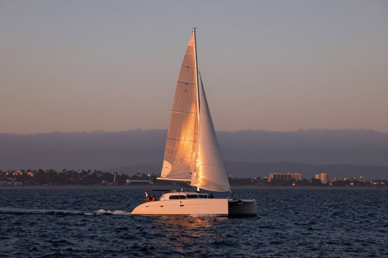 San Diego Harbor Catamaran Sailing in Copper Dusk Light Near Coast in in San Diego, California, United States