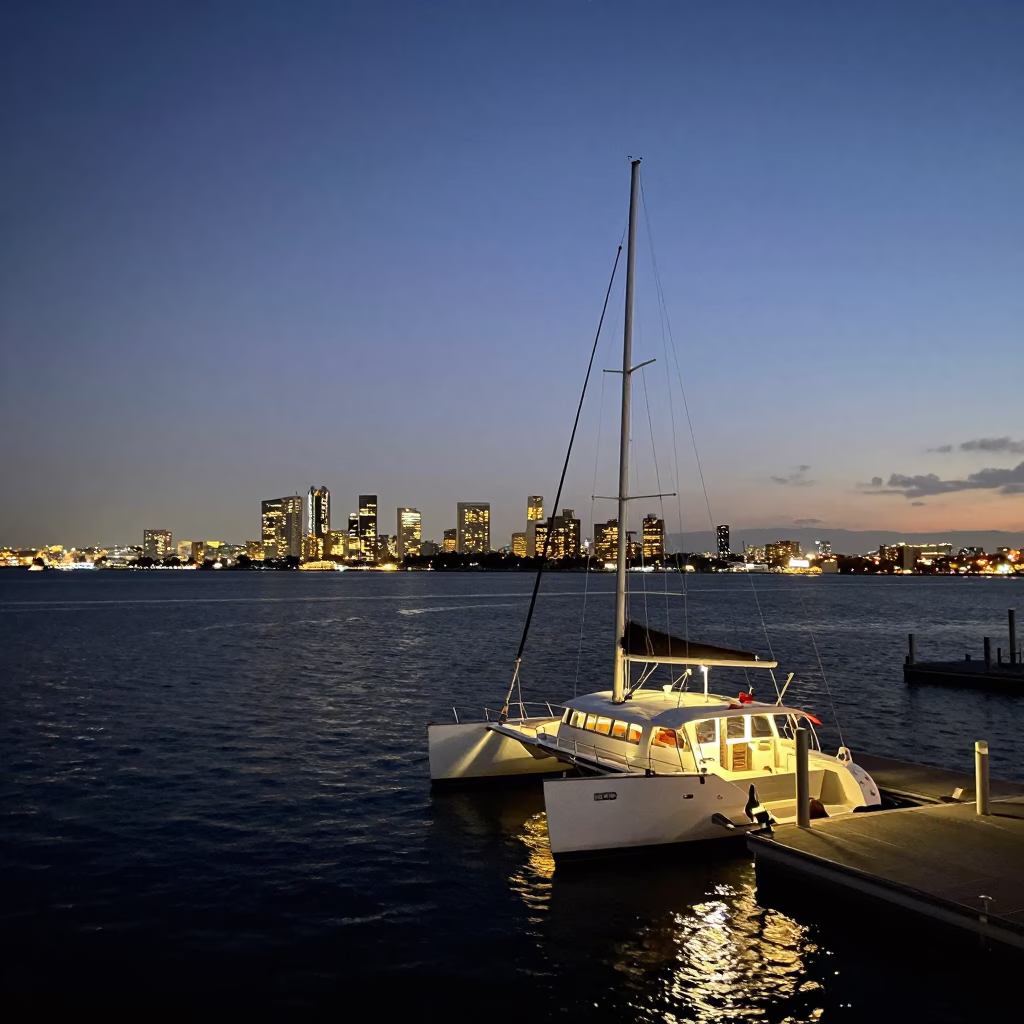 San Diego Harbor City Lights Glow Over Docked Catamaran at Dusk in in San Diego, California, United States