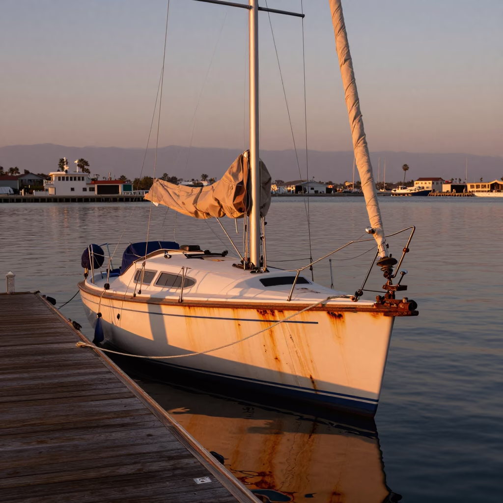 San Diego Harbor Copper Light on Docked Sailboat and Rusty Mooring Cleat in in San Diego, California, United States