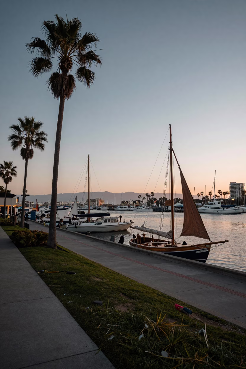 San Diego Harbor Dawn with Palm Trees and Wooden Sailboat at First Light in in San Diego, California, United States